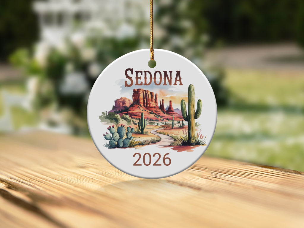Sedona 2026 ceramic ornament with desert landscape and text.