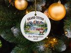 Grand Teton "Our Honeymoon 2026" ornament with elk and lake scene.