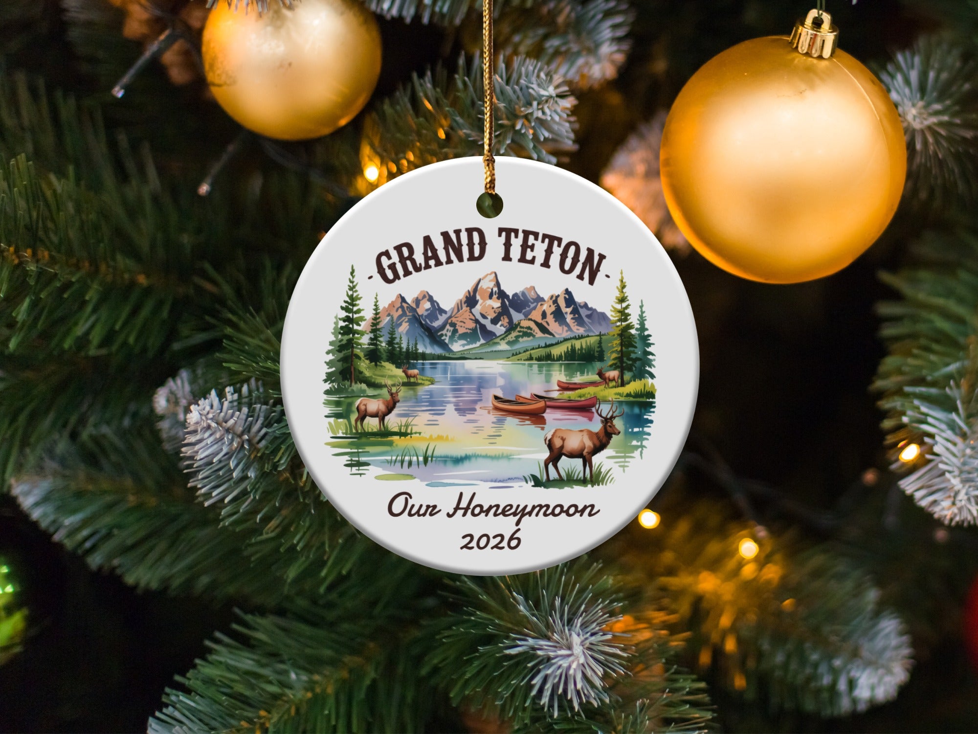 Grand Teton "Our Honeymoon 2026" ornament with elk and lake scene.