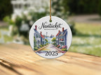 Nantucket, Massachusetts 2025 ceramic ornament with waterfront houses and lighthouse.
