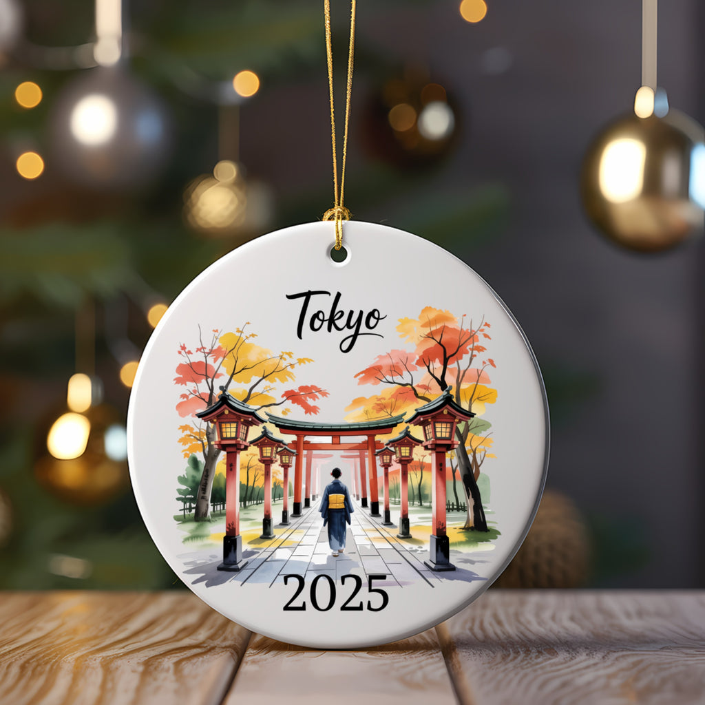 Tokyo Japan Autumn Ornament, Personalized Travel Keepsake, Torii Gate Kimono Art, Custom Year Date Phrase, Family Vacation Gift