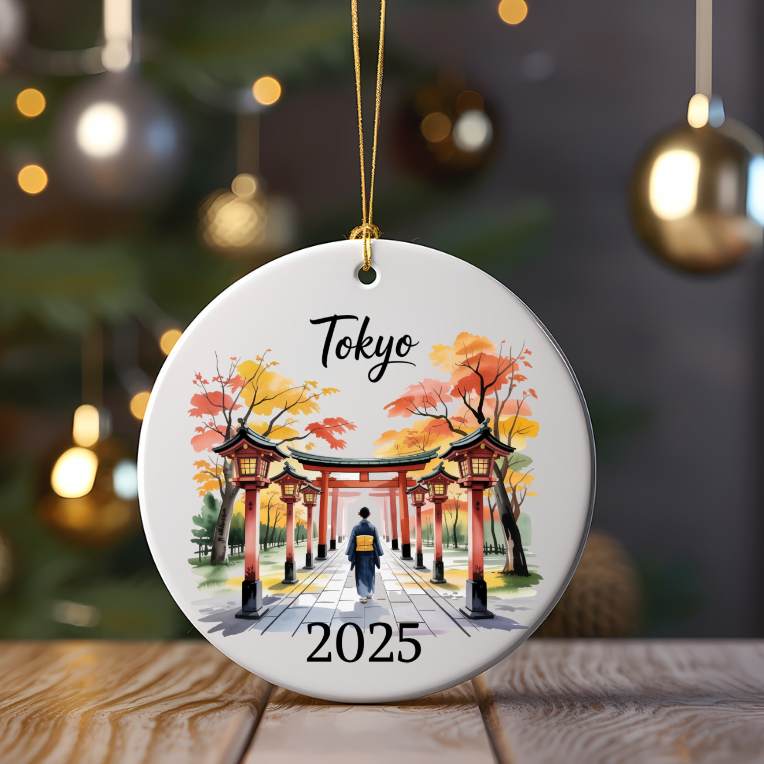 Tokyo Japan Autumn Ornament, Personalized Travel Keepsake, Torii Gate Kimono Art, Custom Year Date Phrase, Family Vacation Gift