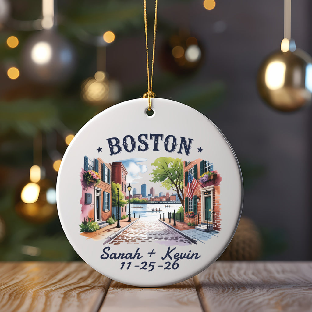 Boston ornament with names "Sarah + Kevin" and date 11-25-26.