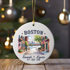 Boston ornament with names "Sarah + Kevin" and date 11-25-26.