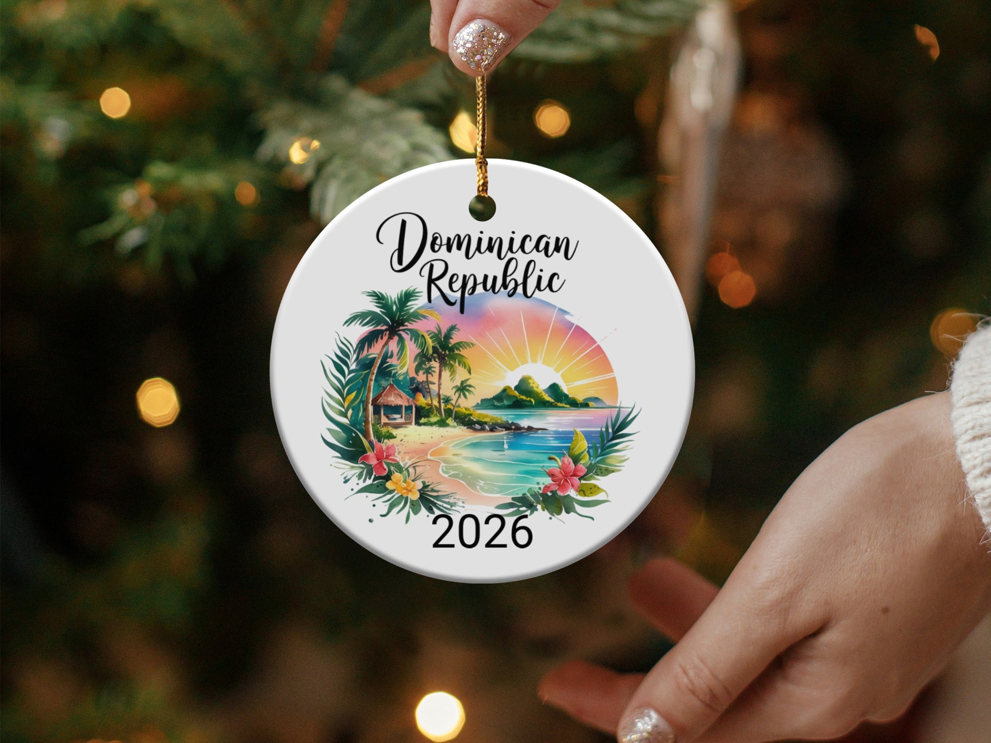 Dominican Republic 2026 ornament with beach scene and palm trees.