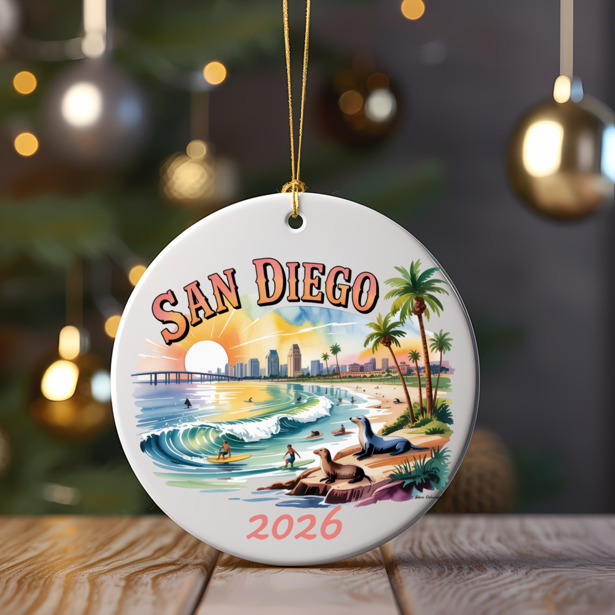 San Diego 2026 ornament with beach, palm trees, city skyline, and seals.