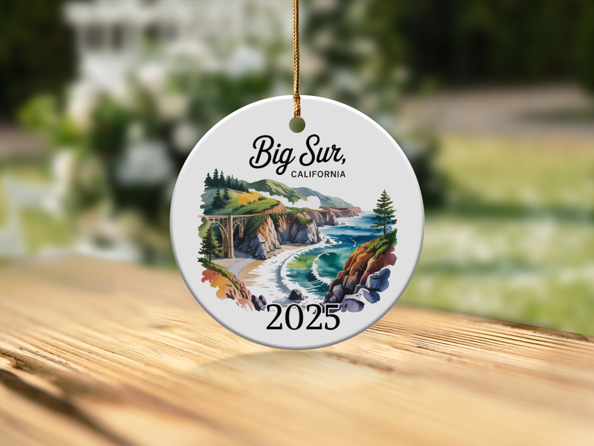 Big Sur, California 2025 ceramic ornament with coastal cliff scene.