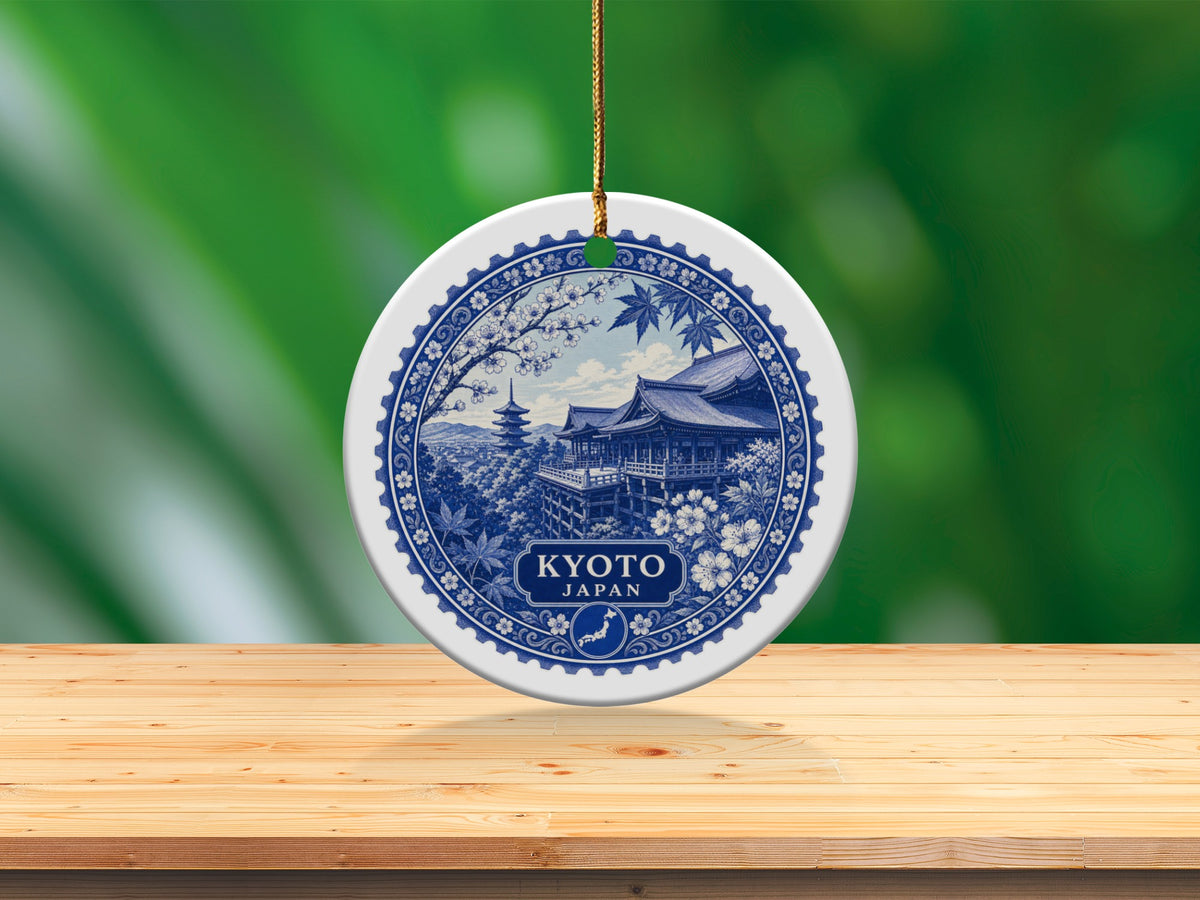 Round ornament with blue and white Kyoto Japan design on display table.