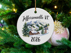 Jeffersonville VT 2026 ceramic ornament with snowy mountains and ski lift.