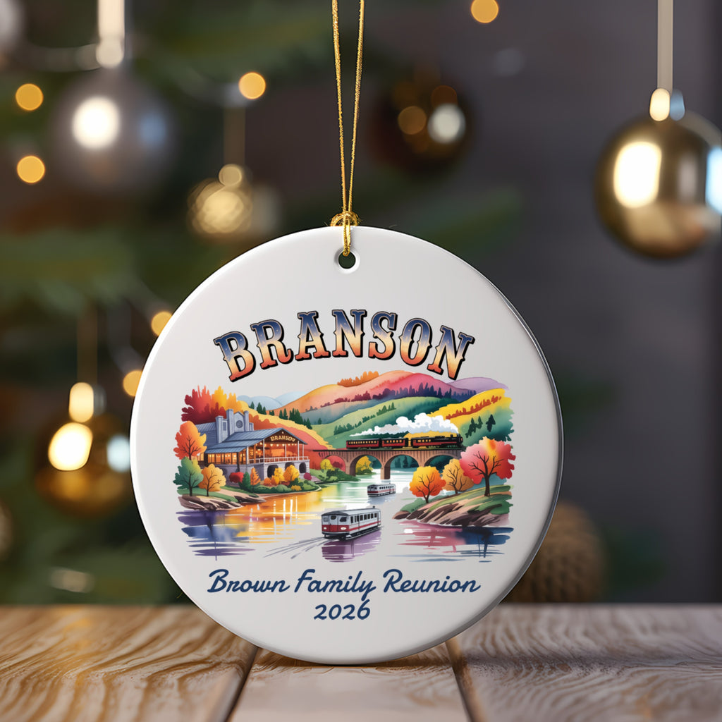 Branson Family Reunion 2026 ornament with train and town scene.