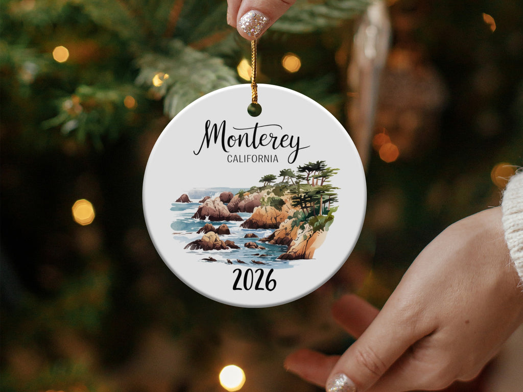 Monterey California 2026 ceramic ornament with coastal scene.