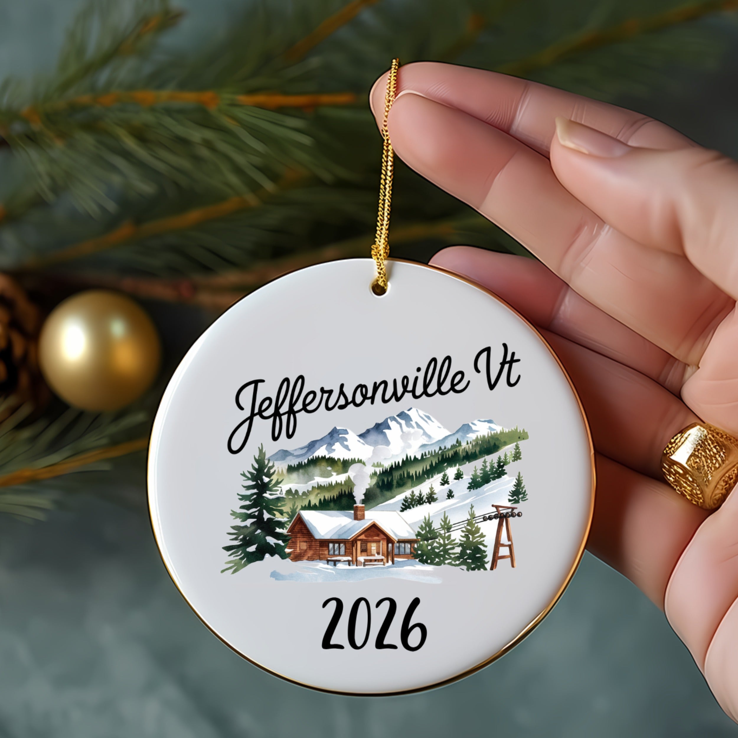 Jeffersonville VT 2026 ornament with log cabin and ski slope.