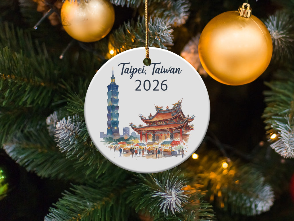 Taipei, Taiwan 2026 circular ornament featuring Taipei 101 and traditional buildings.