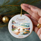 Round ornament with a beach scene illustration and the year 2025.