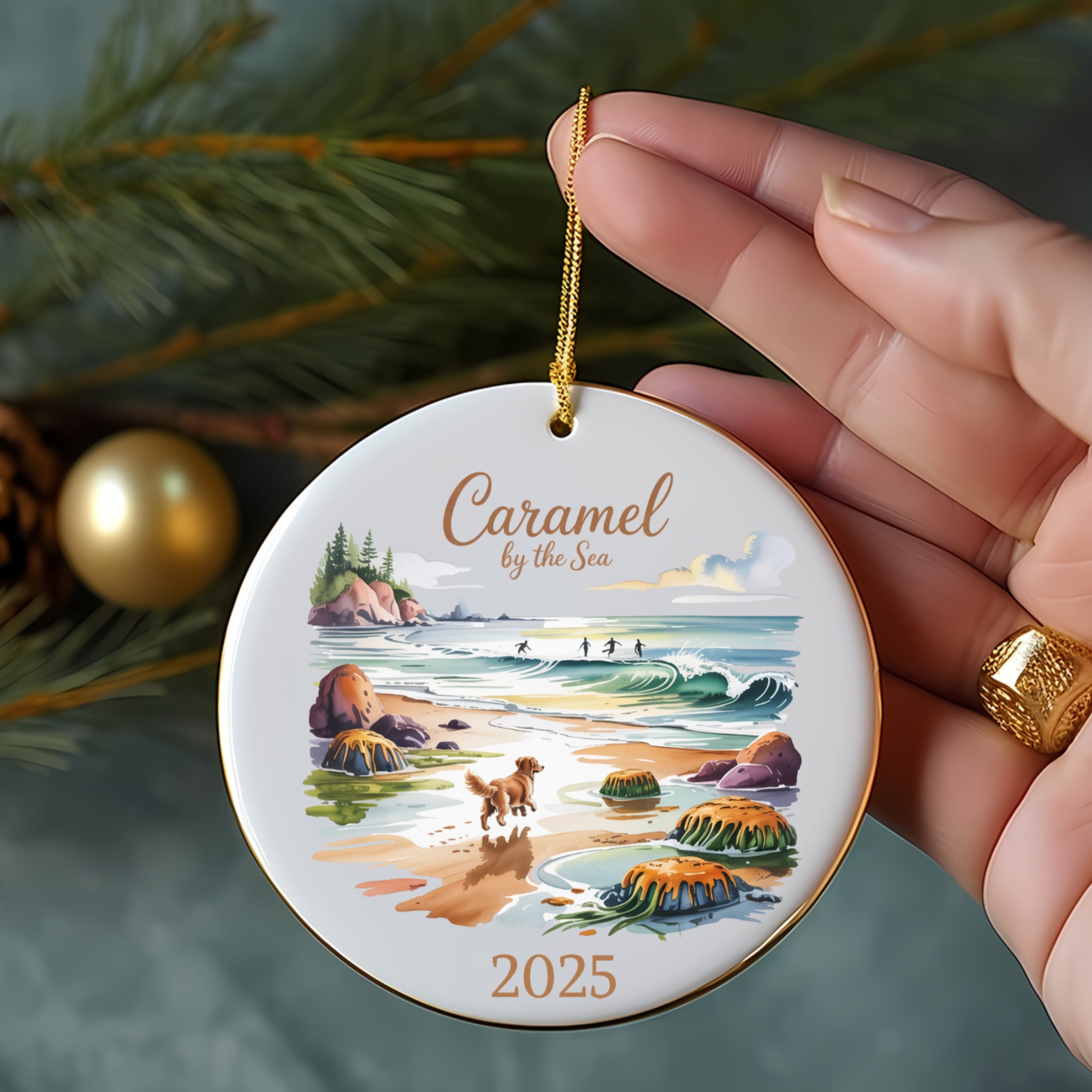 Round ornament with a beach scene illustration and the year 2025.