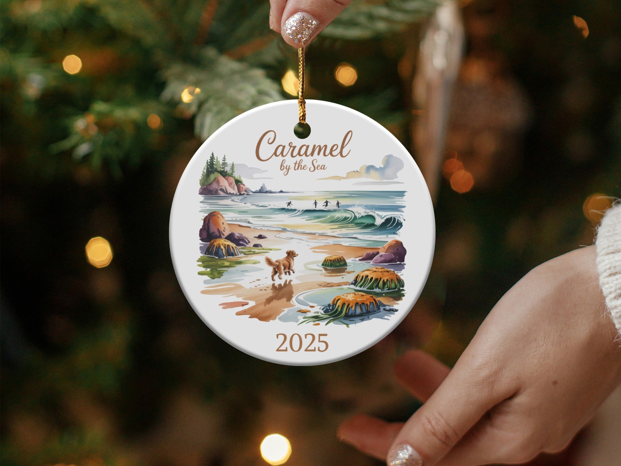 Caramel by the Sea ornament with beach scene, dog, and 2025.