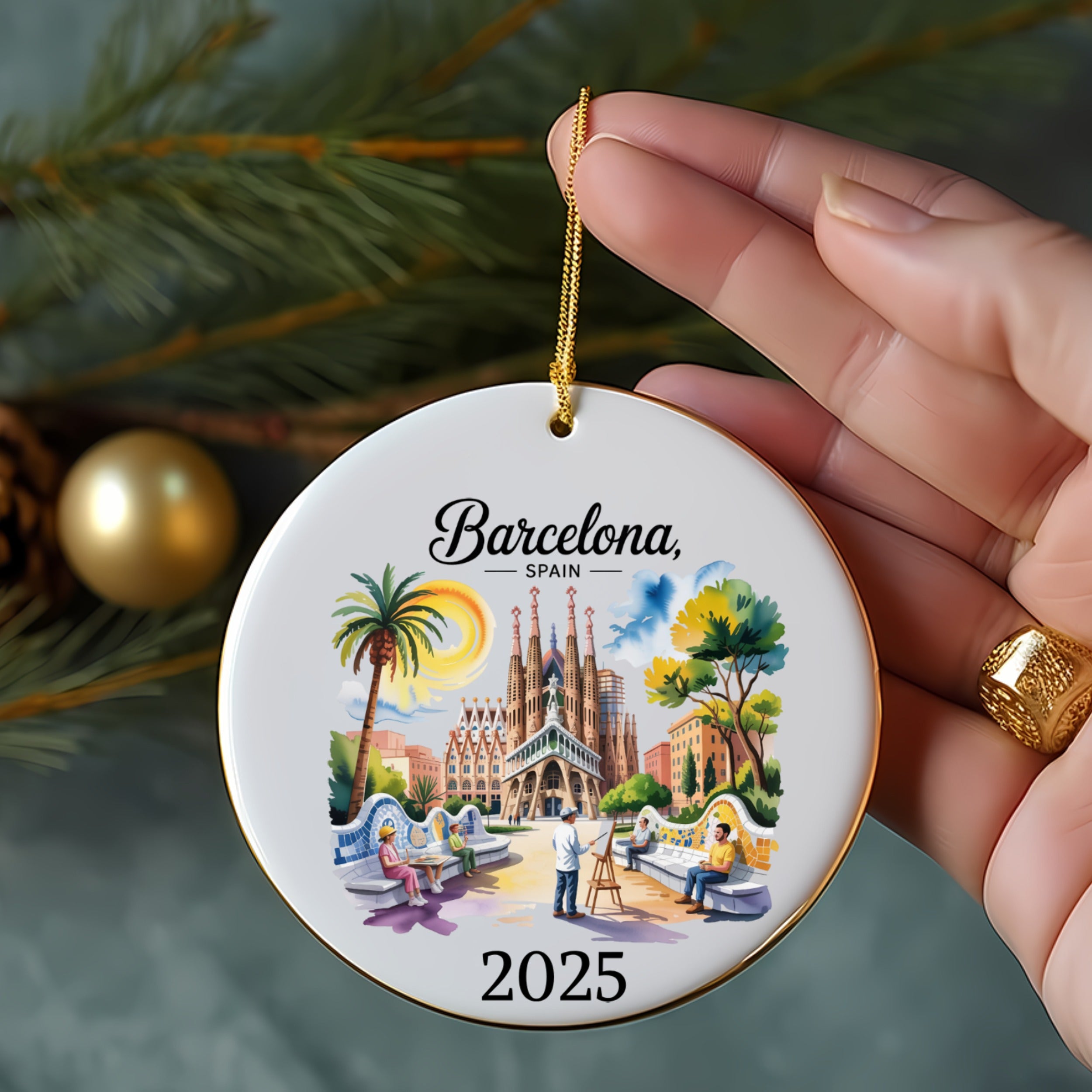 Round ceramic ornament featuring Barcelona's Sagrada Familia and "Barcelona, Spain 2025".