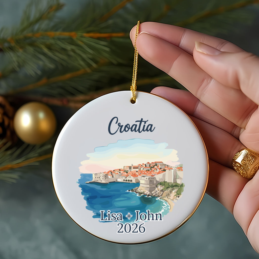 Croatia ornament with city skyline, beach, and custom text "Lisa + John 2026".