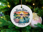 Bora Bora 2025 round ceramic ornament with sunset and boats.