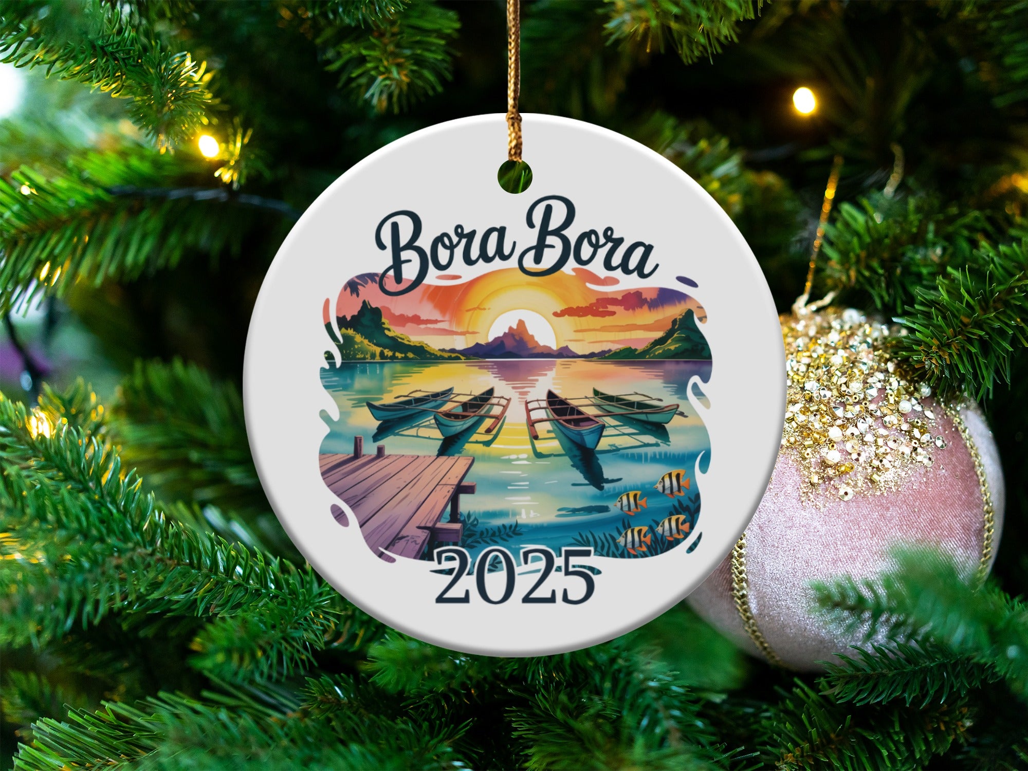 Bora Bora 2025 round ceramic ornament with sunset and boats.