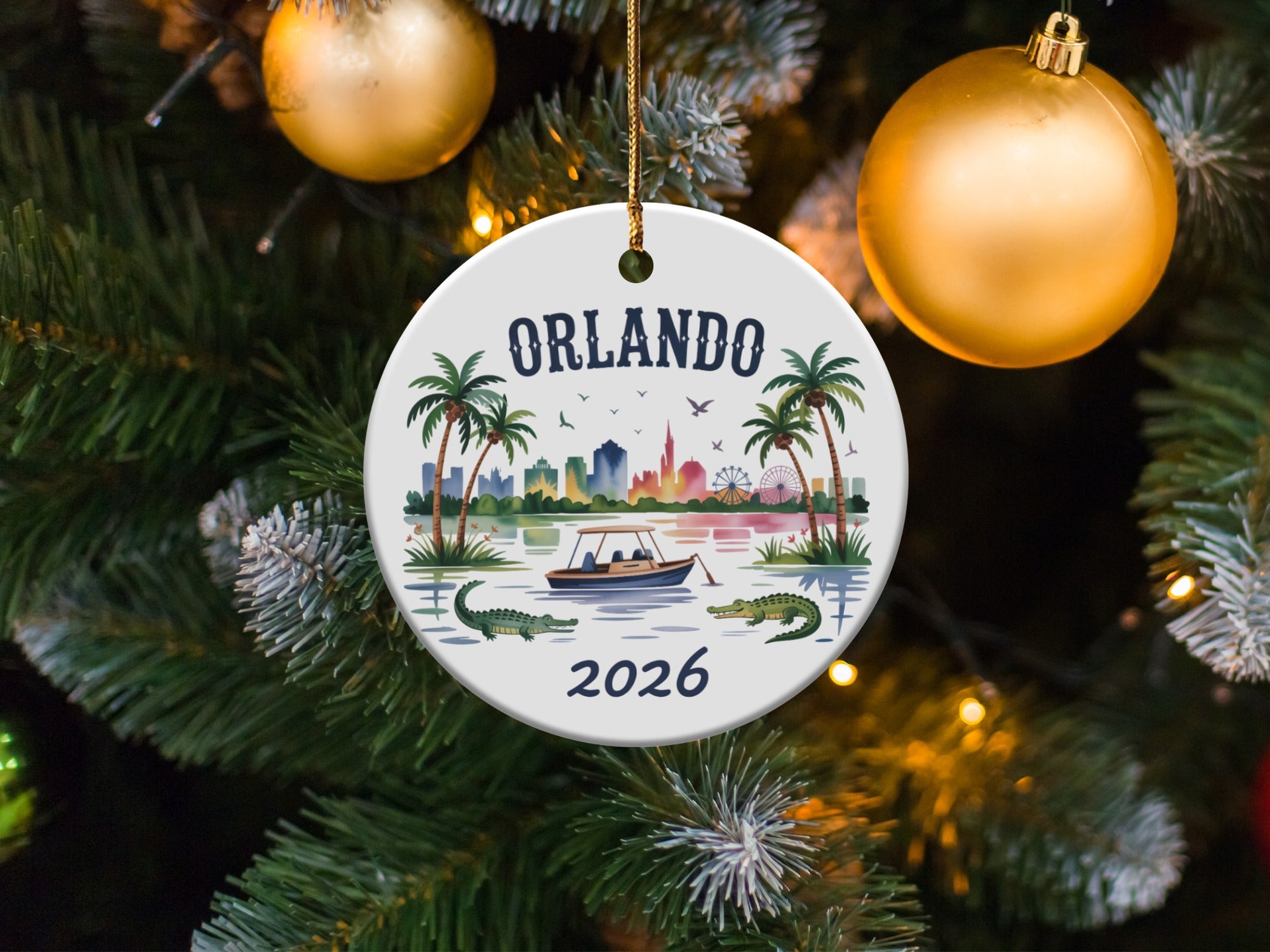 Round ornament with "Orlando 2026" text and a tropical scene.
