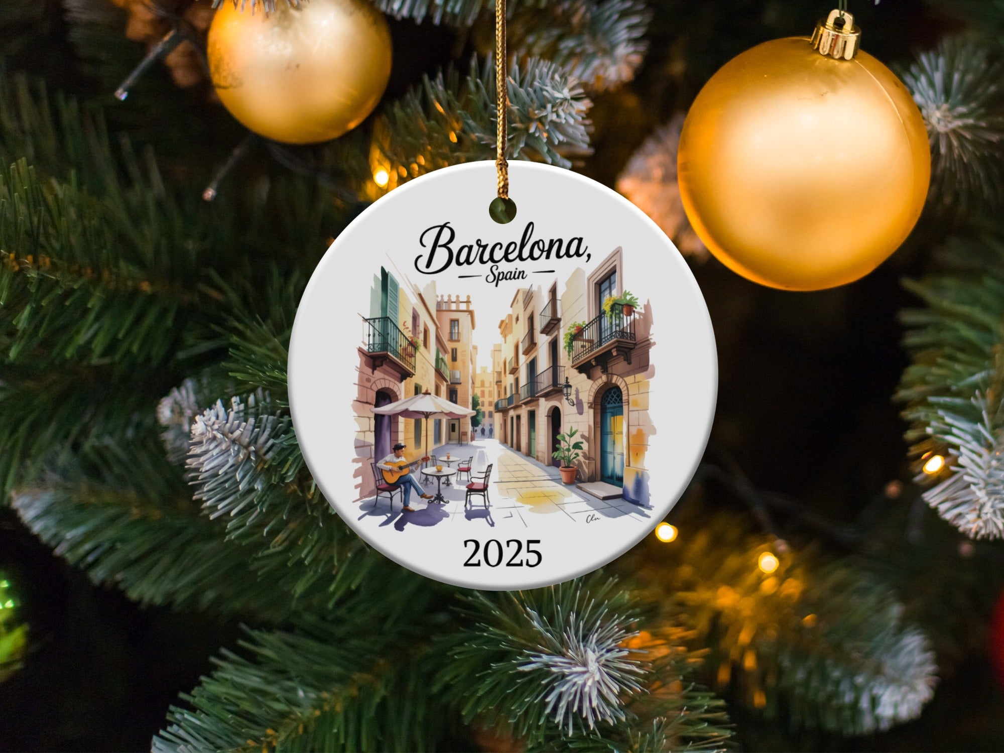 Barcelona, Spain 2025 ceramic ornament with street scene.