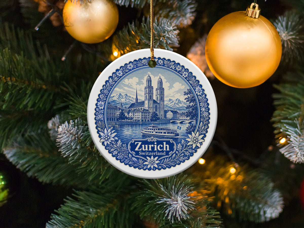 Zurich, Switzerland ornament depicting Grossmünster church and a steamboat.