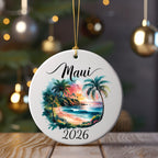 Round ornament with "Maui 2026" text and a tropical beach scene.