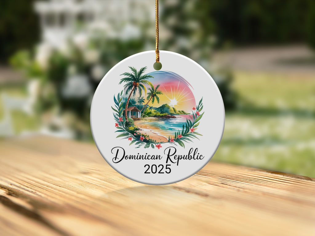 Round ornament with Dominican Republic 2025 and tropical beach scene.