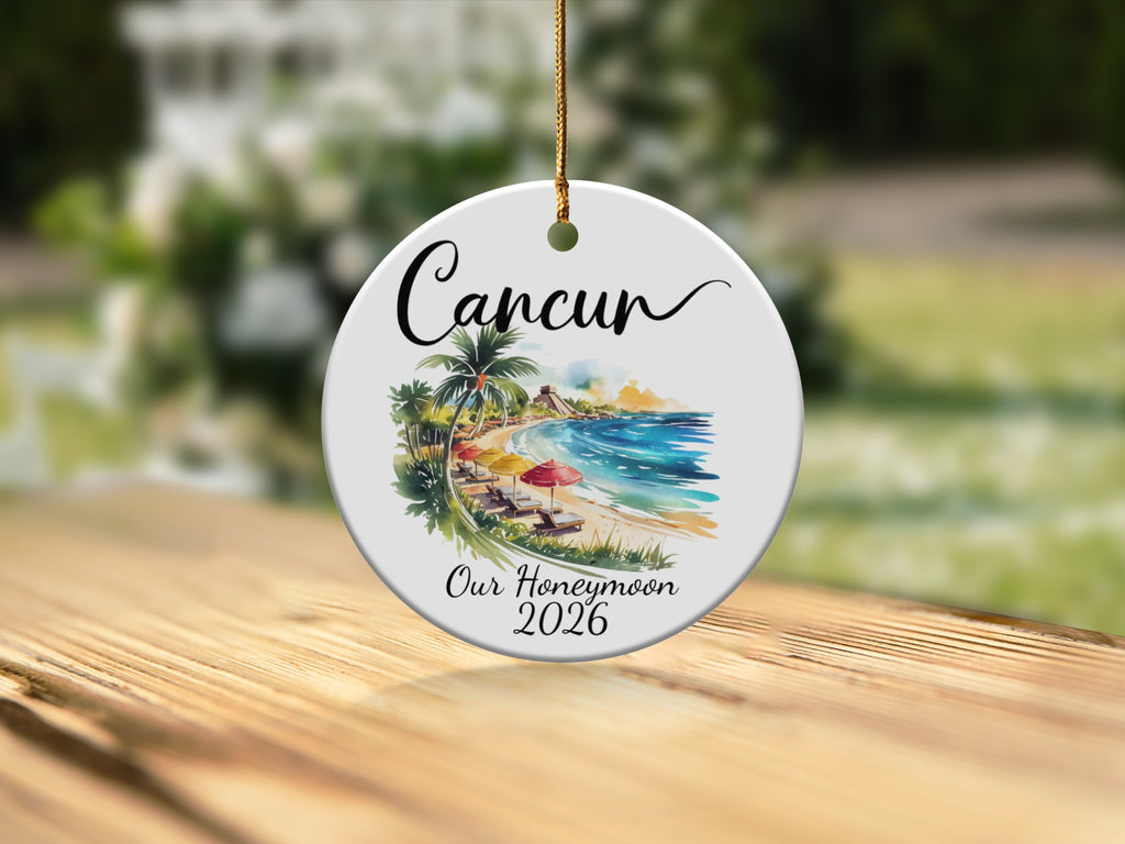 Cancun honeymoon ornament 2026 with beach scene.