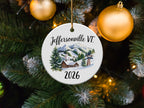 Jeffersonville VT 2026 ceramic ornament with snowy mountains and ski lift.