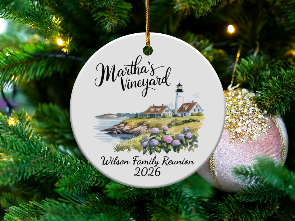 Martha's Vineyard lighthouse and houses on a round ornament for Wilson Family Reunion 2026.