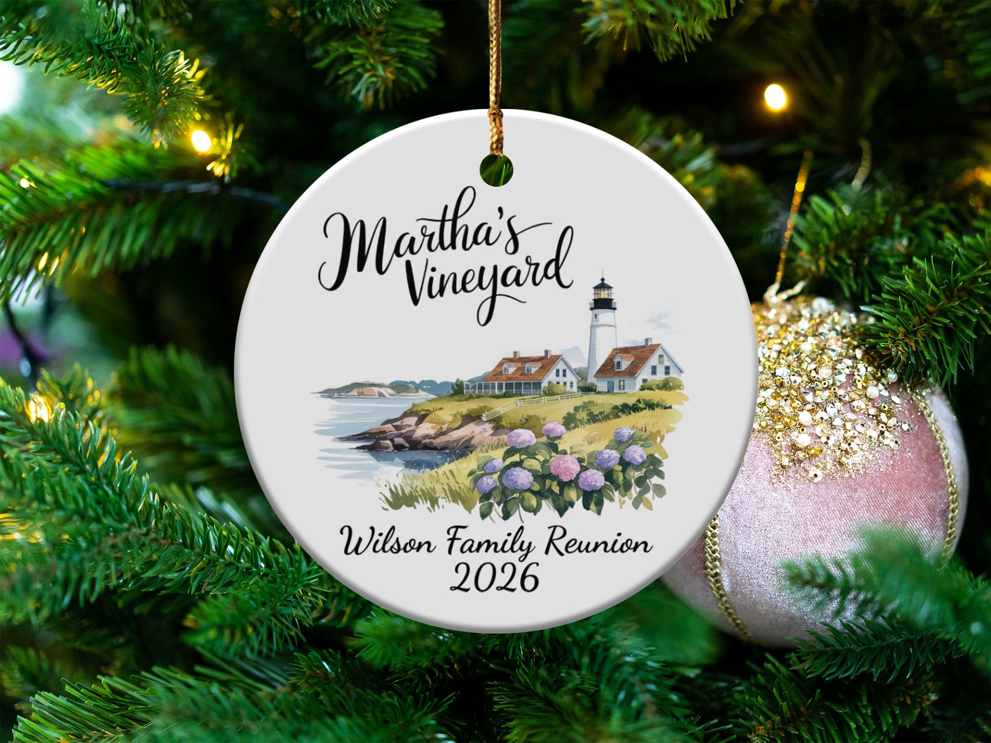 Martha's Vineyard lighthouse and houses on a round ornament for Wilson Family Reunion 2026.