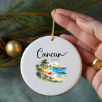 Round ornament with Cancun 2025 beach scene.