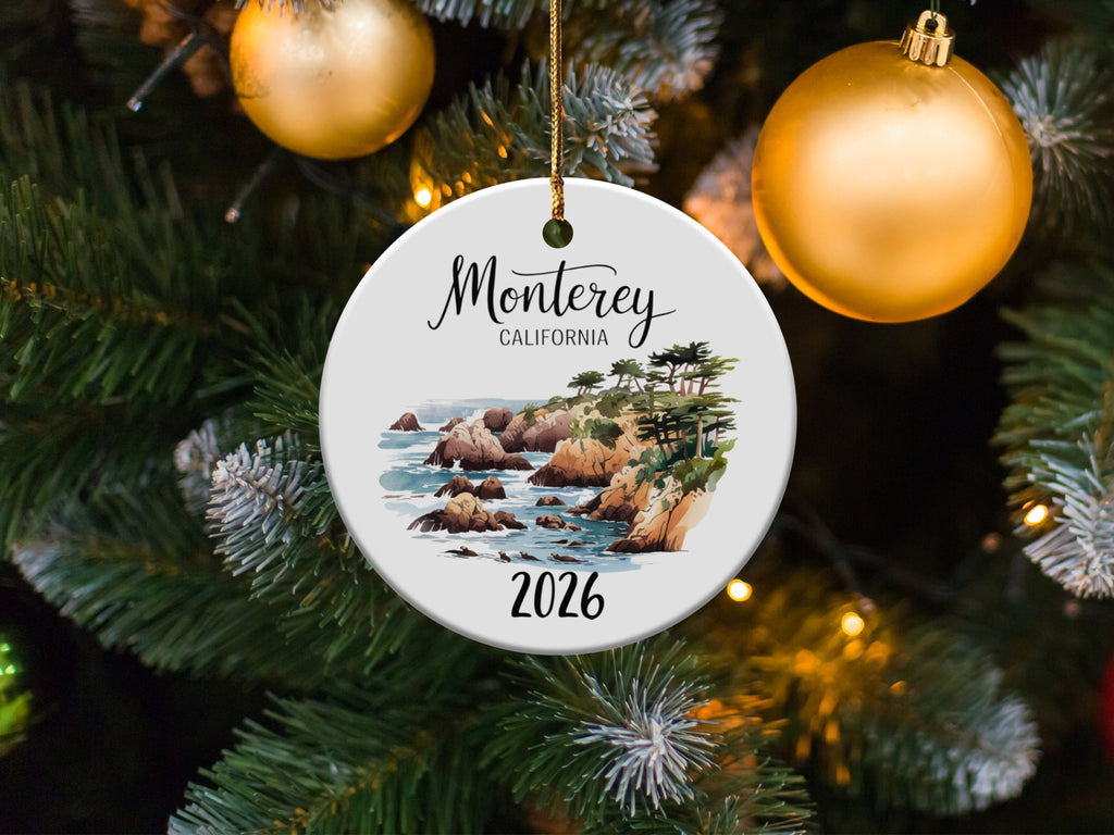 Monterey California 2026 ceramic ornament with coastal landscape.