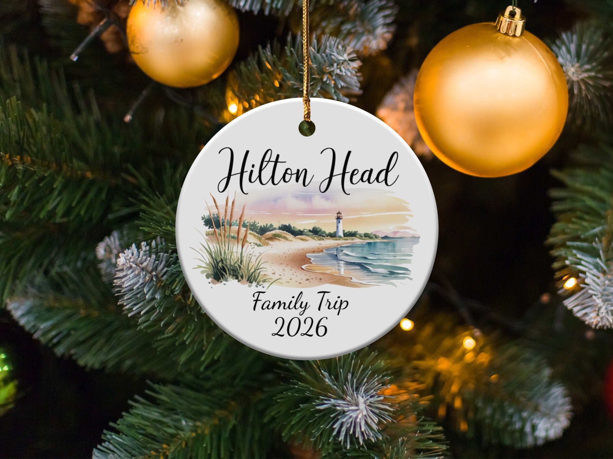 Hilton Head Family Trip 2026 ceramic ornament with lighthouse and beach scene.