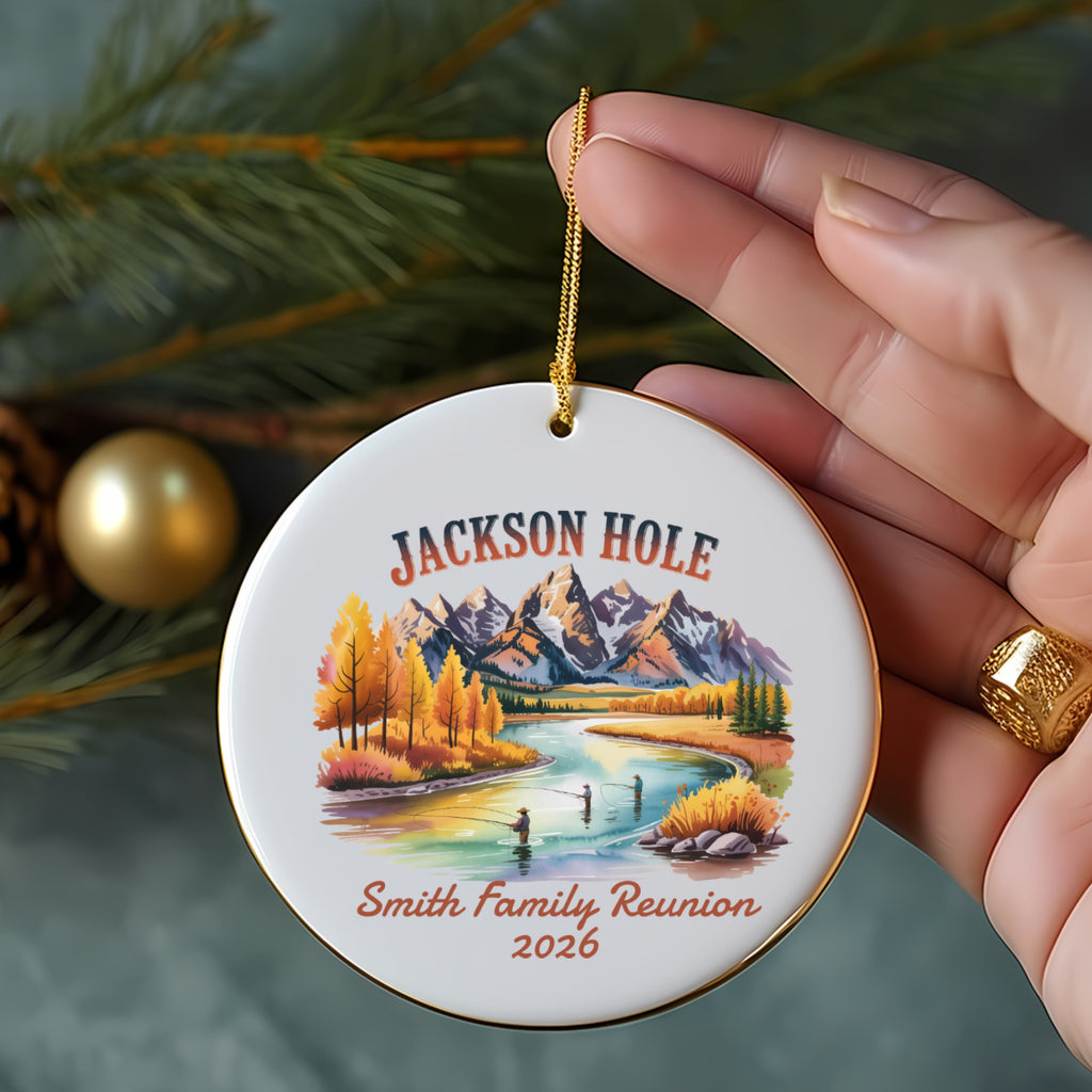 Round Jackson Hole ornament with "Smith Family Reunion 2026" text and mountain scenery.