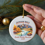 Round Jackson Hole ornament with "Smith Family Reunion 2026" text and mountain scenery.