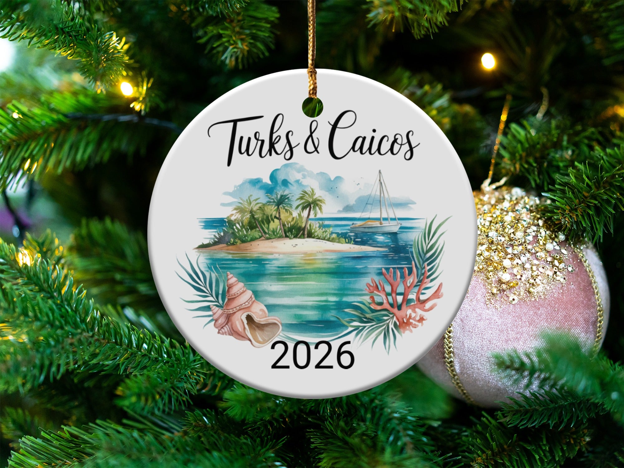 Turks and Caicos 2026 ceramic ornament with beach, boat, and seashell.