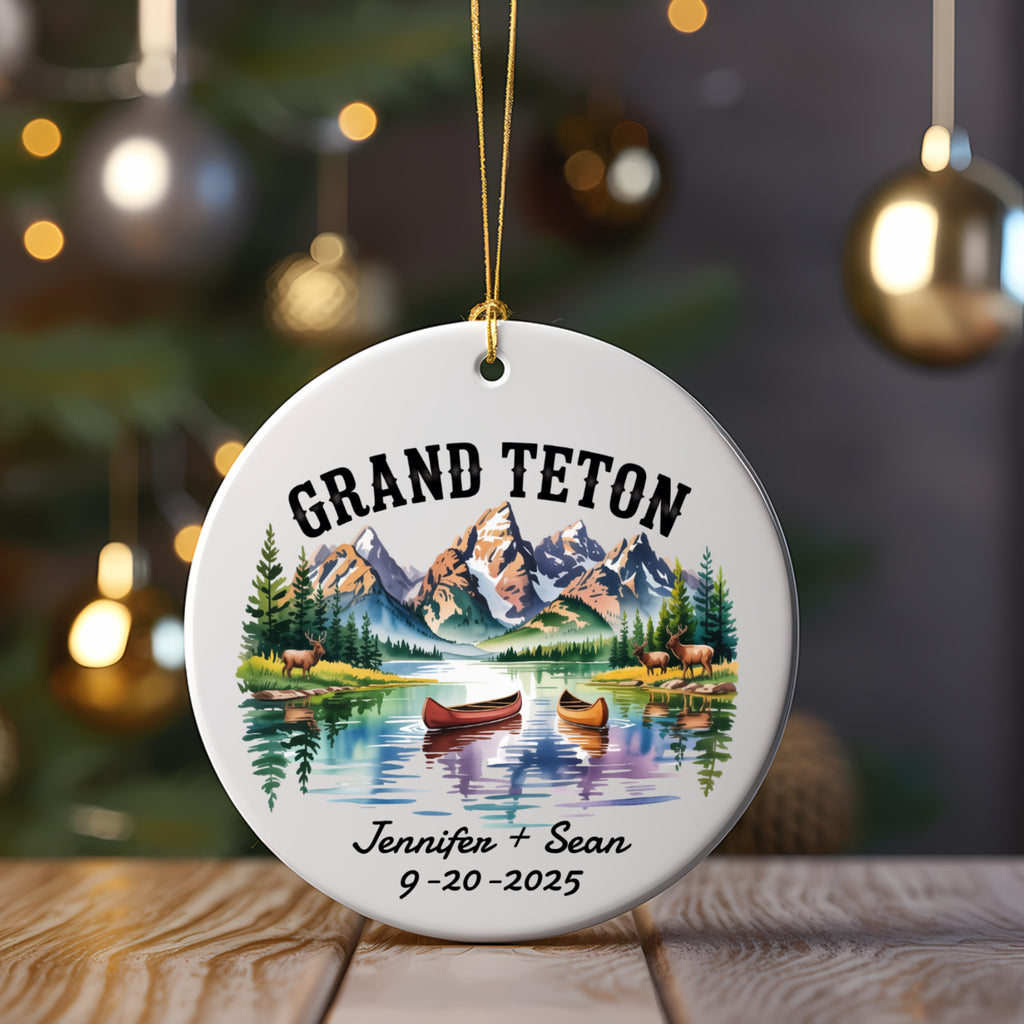 Grand Teton ornament with personalized names and date.