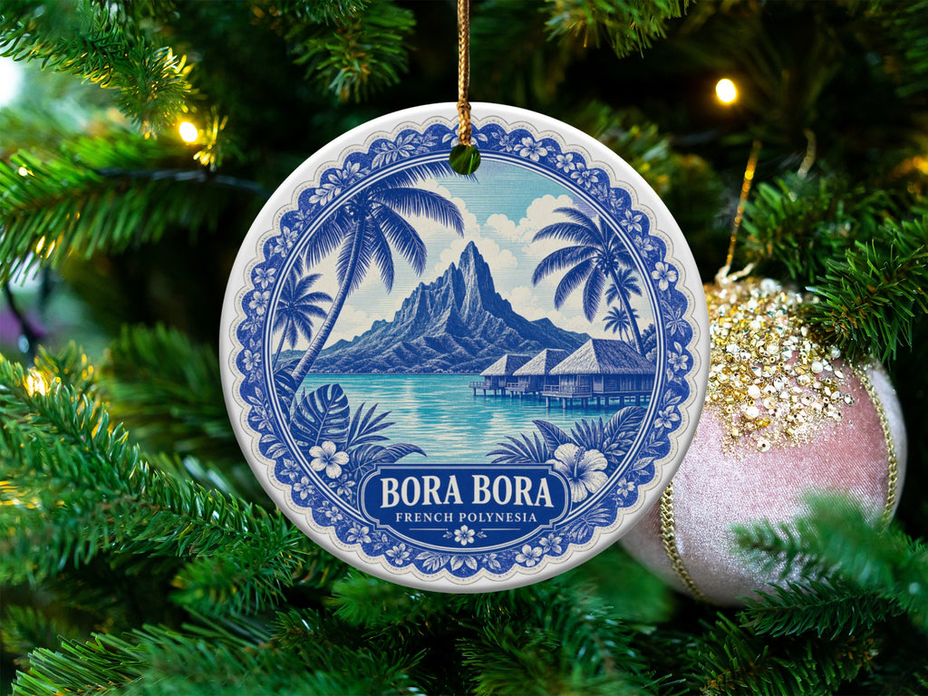 Round ornament with Bora Bora scene, palm trees, overwater bungalows, and mountains.