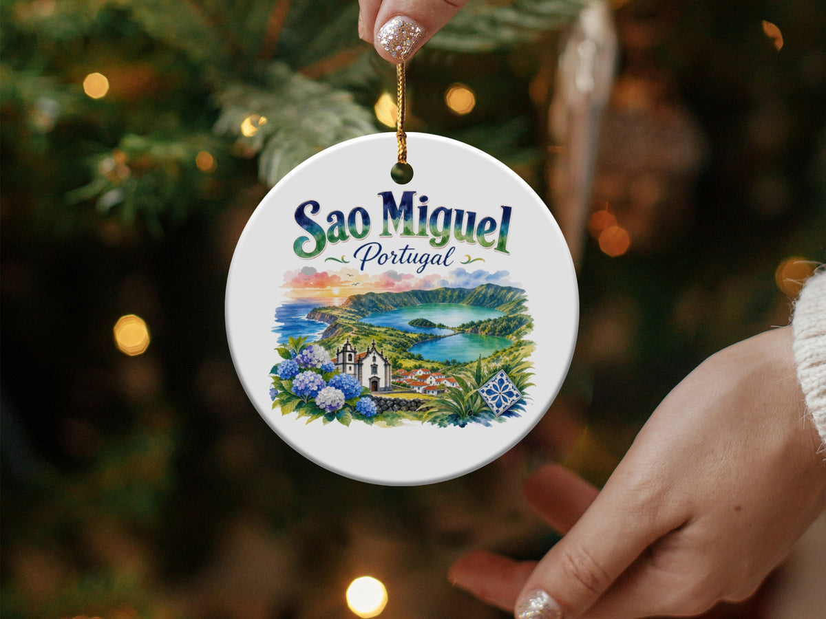 Round ornament with "Sao Miguel Portugal" text and a landscape scene.