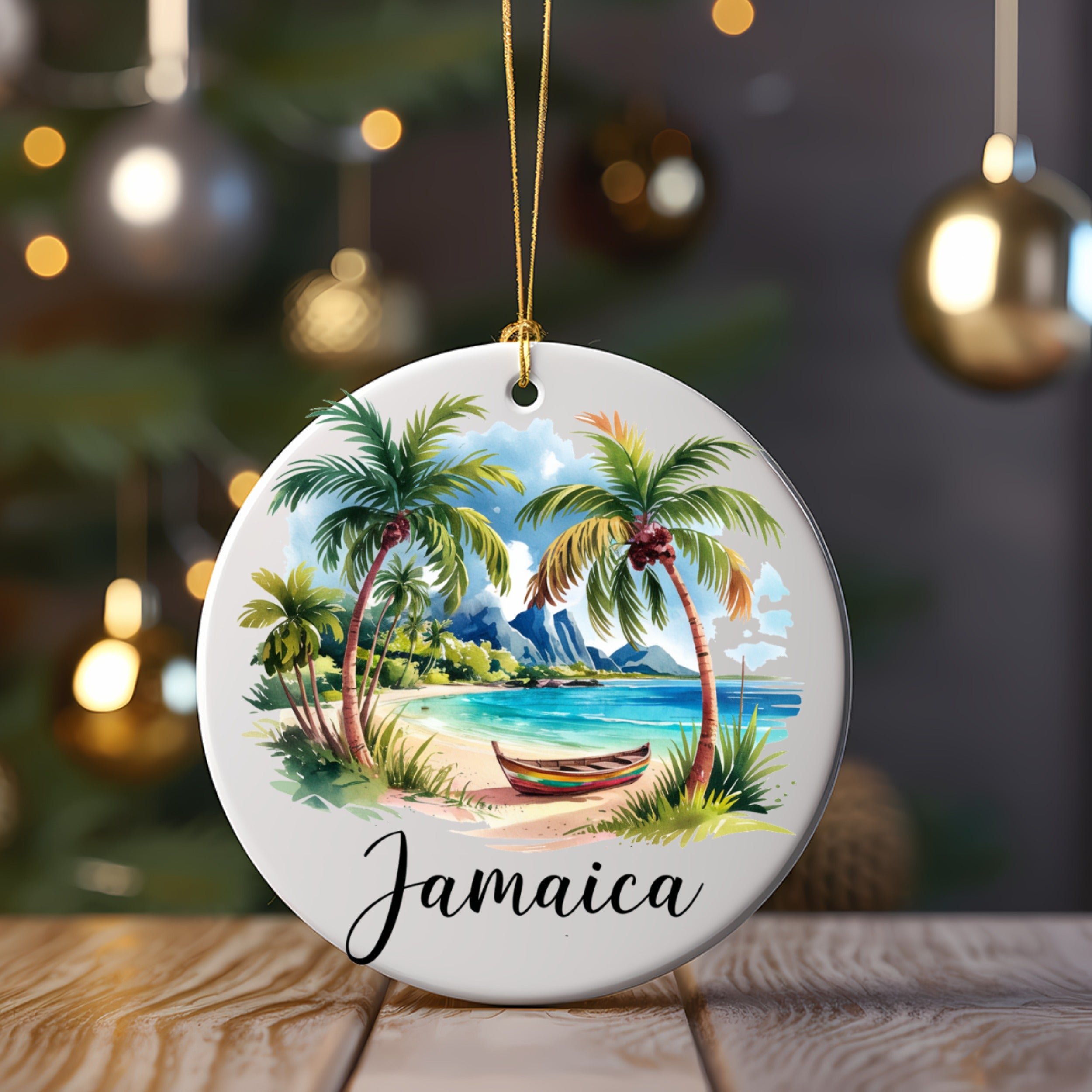 Round ornament depicting a tropical Jamaican beach scene with palm trees and a boat.