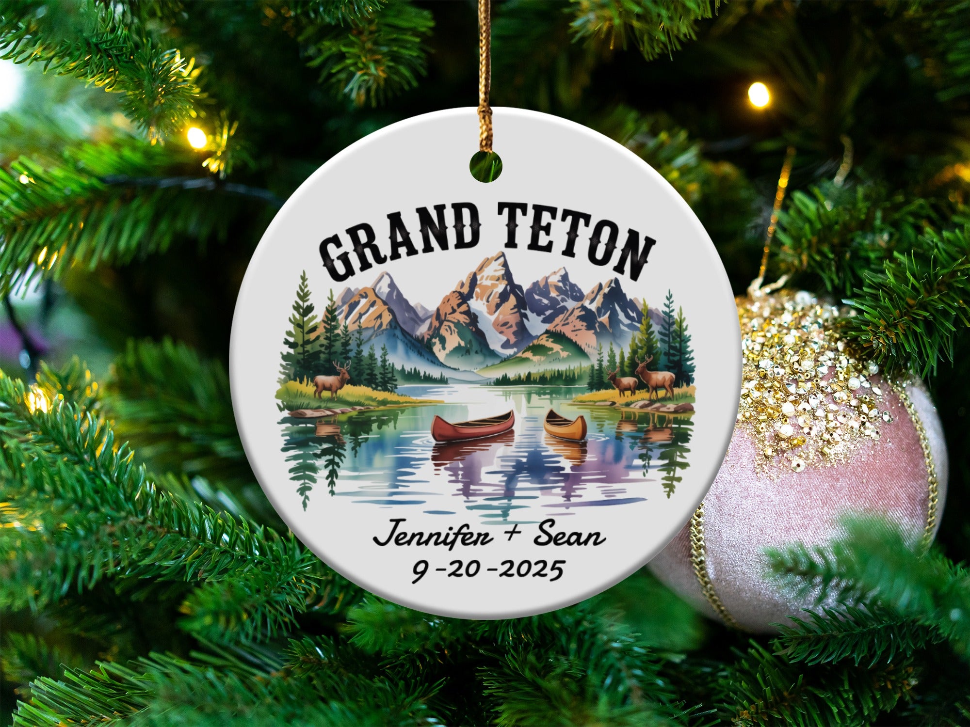 Grand Teton ornament with personalized names and date.