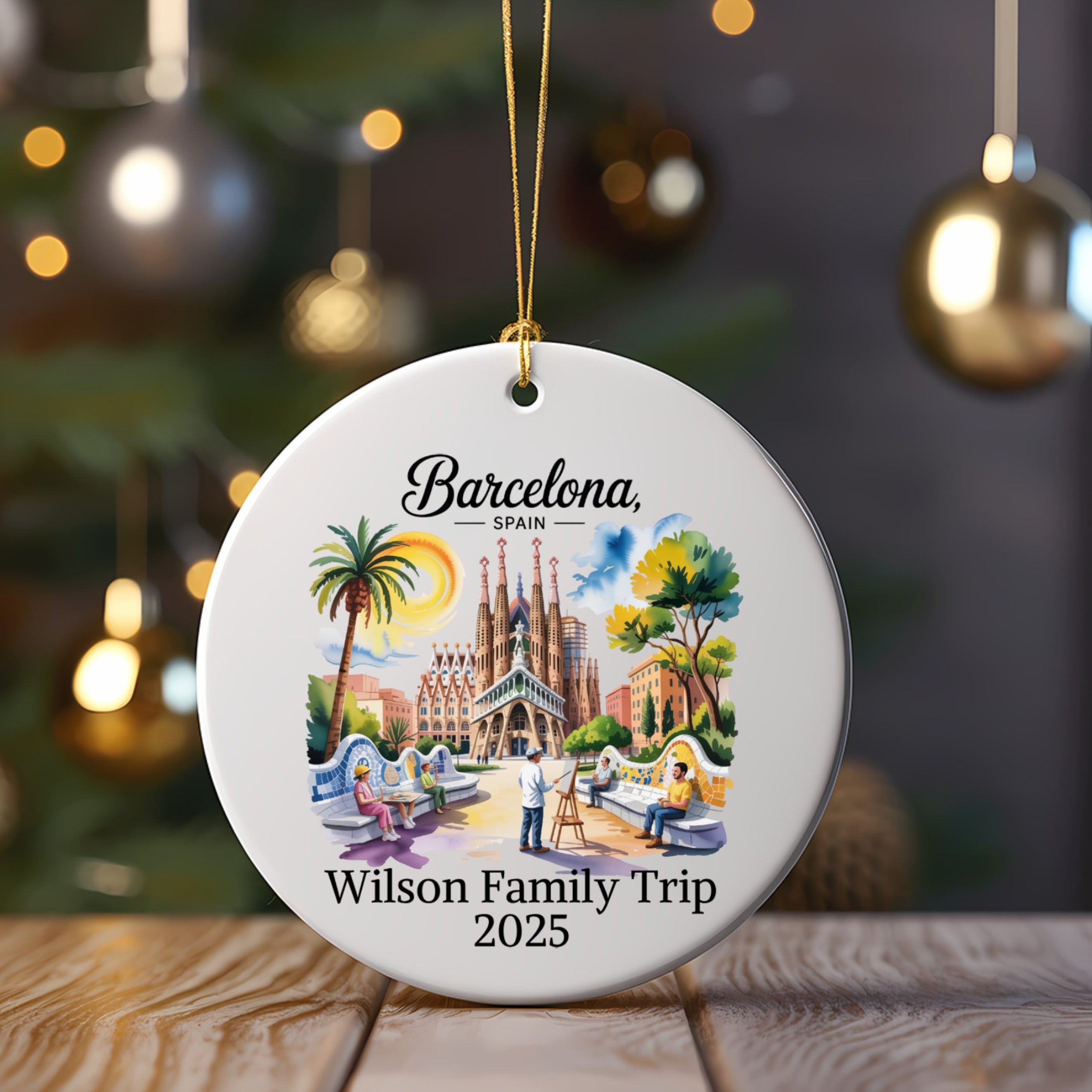 Circular ornament depicting Sagrada Familia in Barcelona, Spain.