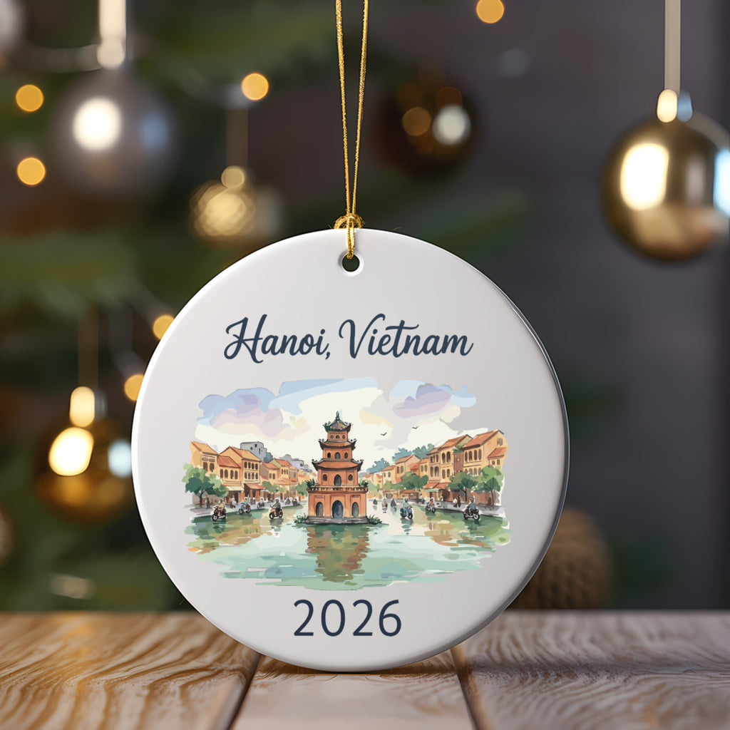 Hanoi, Vietnam 2026 ornament with watercolor painting of a pagoda and canals.