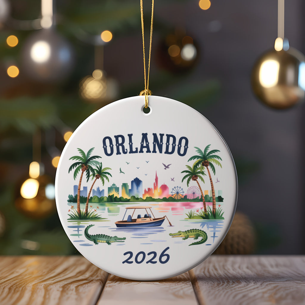 Round Orlando 2026 ornament featuring palm trees, alligators, and city skyline.