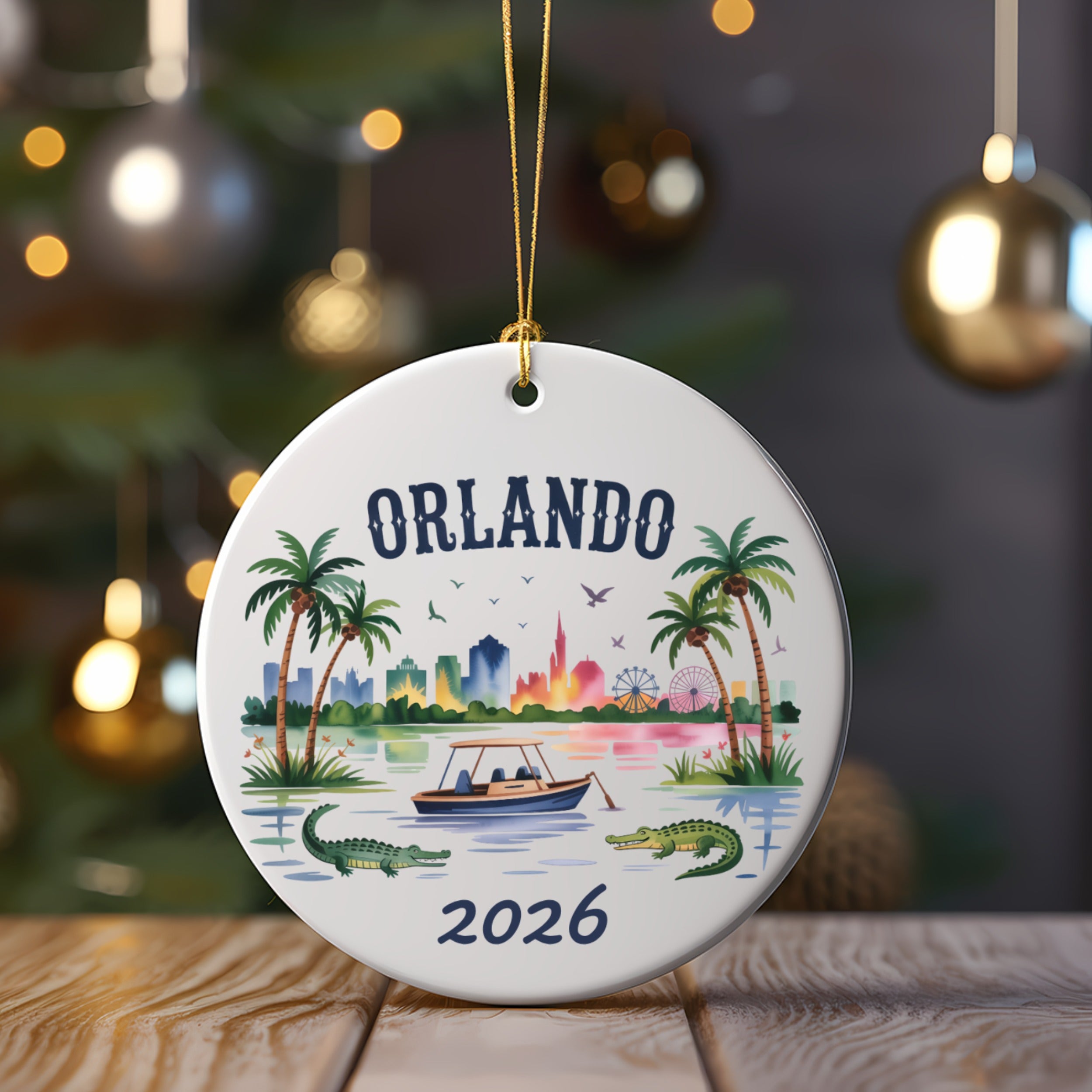 Round Orlando 2026 ornament featuring palm trees, alligators, and city skyline.