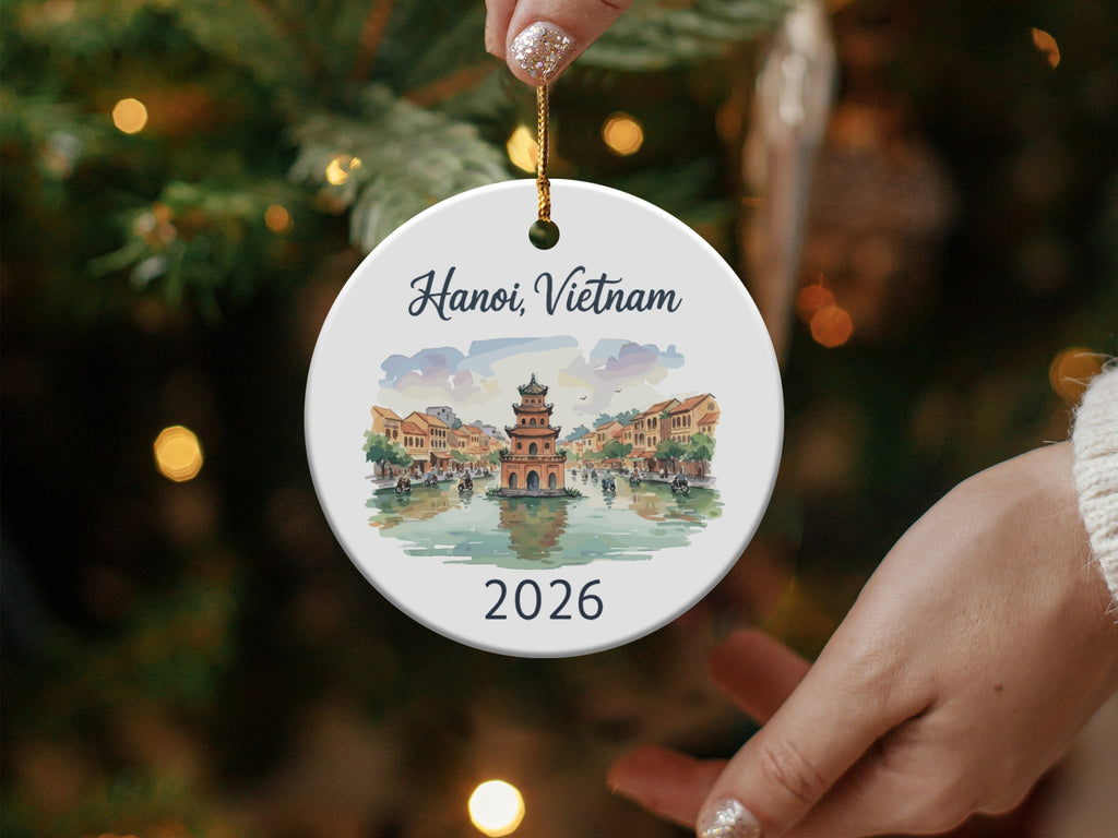 Round ornament with Hanoi, Vietnam 2026 watercolor scene.