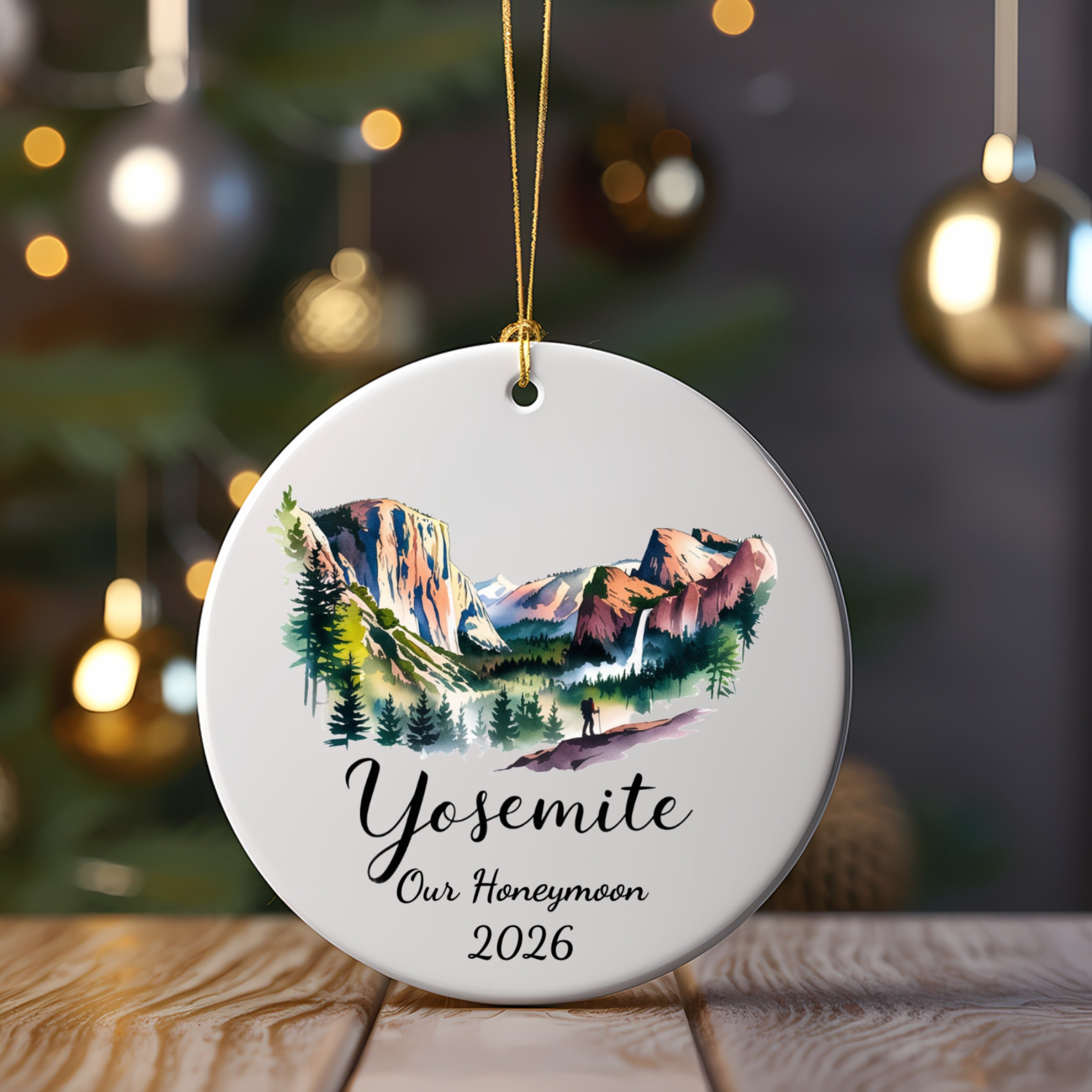 Yosemite ornament with "Our Honeymoon 2026" text.